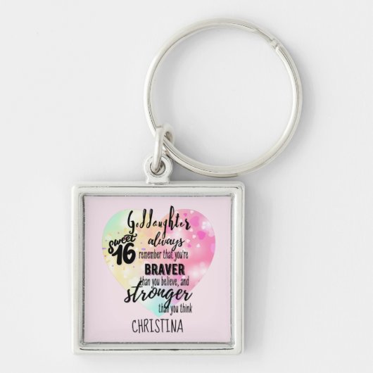 Goddochter Sweet16 Cadeau Quotes Moediger Sterker Sleutelhanger (Voorkant)