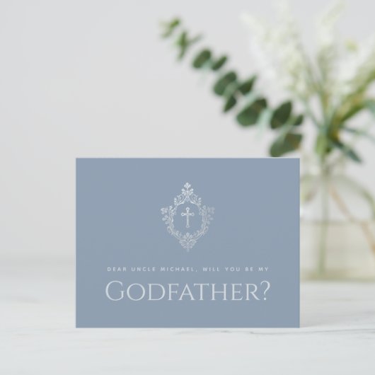 Godfather Voorstel Stofblauw Elegant Crest Cross Feestdagenkaart (Staand voorkant)