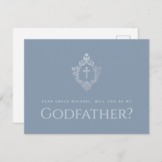 Godfather Voorstel Stofblauw Elegant Crest Cross Feestdagenkaart (Voorkant / Achterkant)