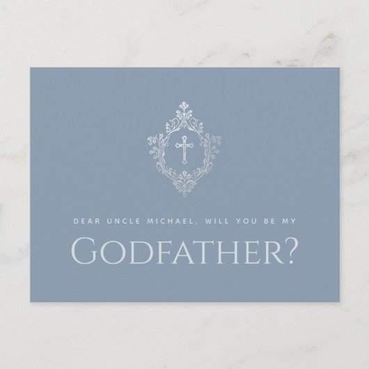 Godfather Voorstel Stofblauw Elegant Crest Cross Feestdagenkaart (Voorkant)