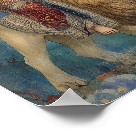 Godin Durga Rijden Leeuw Turquoise Gold Art Poster (Hoek)