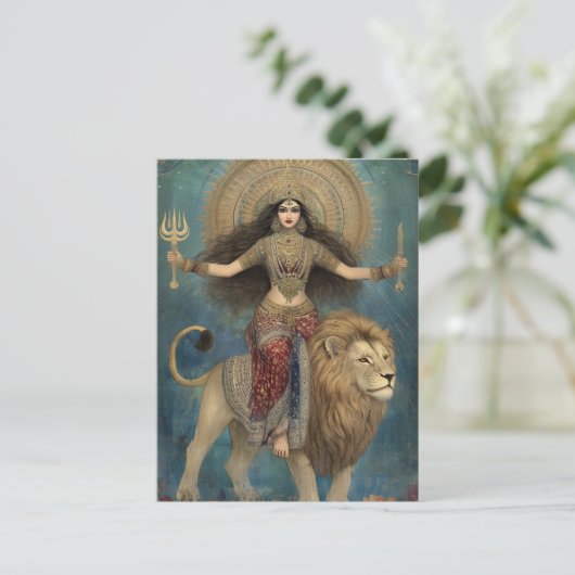Godin Durga rijdend op Leeuw Turquoise Goud Kunst Briefkaart (Staand voorkant)