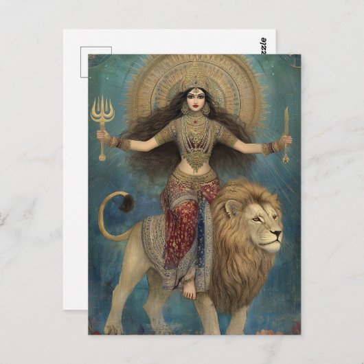 Godin Durga rijdend op Leeuw Turquoise Goud Kunst Briefkaart (Voorkant / Achterkant)