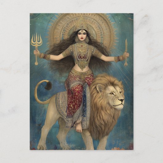 Godin Durga rijdend op Leeuw Turquoise Goud Kunst Briefkaart (Voorkant)