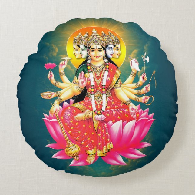 Godin Gayatri Devi Hindoe Godheid Rond Kussen (Voorkant)