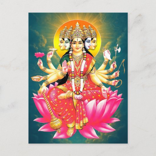 Godin Gayatri Devi op Lotus Hindu Godheid Briefkaart (Voorkant)