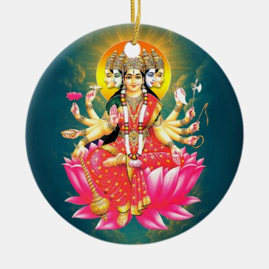 Godin Gayatri Devi op Lotus Hindu Godheid Keramisch Ornament (Voorkant)