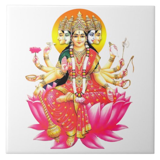 Godin Gayatri Devi op Lotus Hindu Godheid Tegeltje (Voorkant)