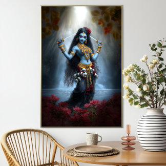 Godin Kali Ma Blauwe Bloemige Waterval Fantasie Ku Poster