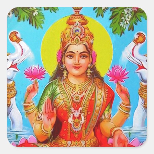 Godin Lakshmi Witte olifanten Diwali schilderij Vierkante Sticker (Voorkant)