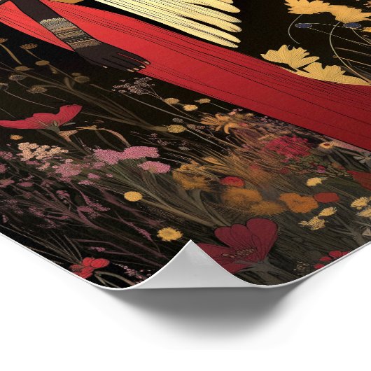 Godin Ma'at: Egyptische Goud, Zwarte Bloemen Maan Poster (Hoek)