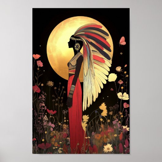 Godin Ma'at: Egyptische Goud, Zwarte Bloemen Maan Poster (Voorkant)