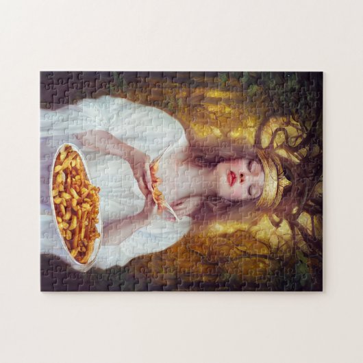 Godin met een bord vol poutine AI art Legpuzzel (Horizontaal)