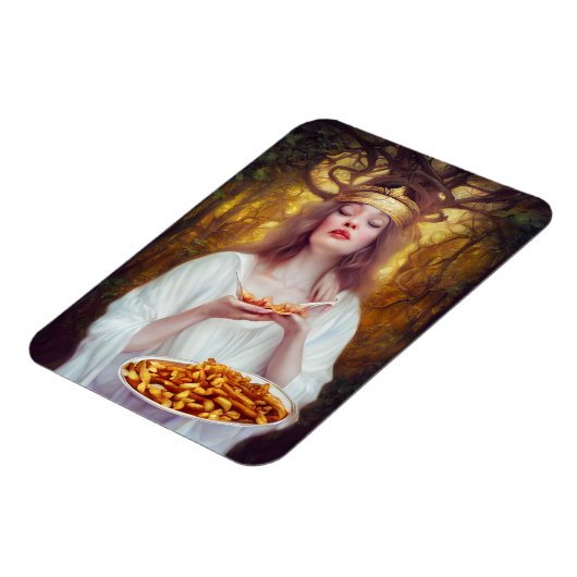 Godin met een bord vol poutine AI art Magneet (Linkerzijde)