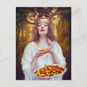 Godin met een bord vol poutine briefkaart
