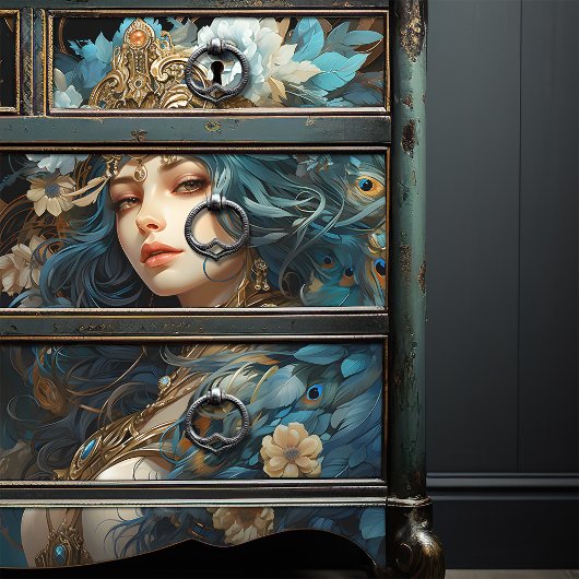 Godin met Peacock hoofdtooi Art Nouveau Tissuepapier