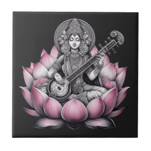 Godin Saraswati op Lotus Tegeltje