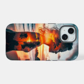 Godin silhouet met zonsondergang kust telefoonhoes iPhone 15 case (Achterkant horizontaal)