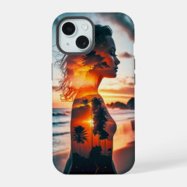 Godin silhouet met zonsondergang kust telefoonhoes iPhone 15 case