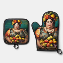 "Godin van Overindulgence" Kleurrijk Portret Ovenwant & Pannenlap Set