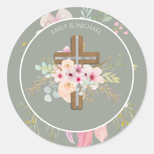 Godmoeder - Persoonlijke Floral Cross Sage Green Ronde Sticker (Voorkant)