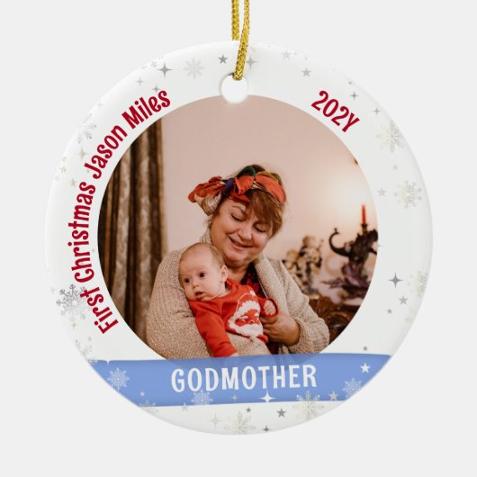 Godmother Baby Gepersonaliseerde Eerste Kerstmis F Keramisch Ornament (Voorkant)