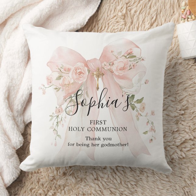 Godmother Gift First Communion Pink Bow Roses Kussen (Deken)