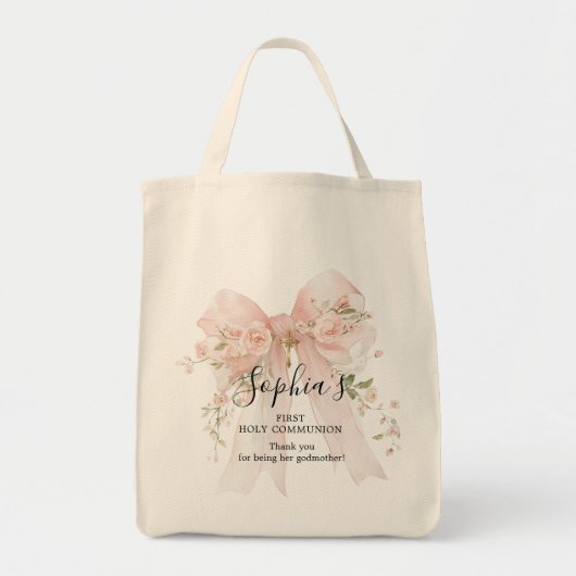 Godmother Gift First Communion Pink Bow Roses Tote Bag (Voorkant)