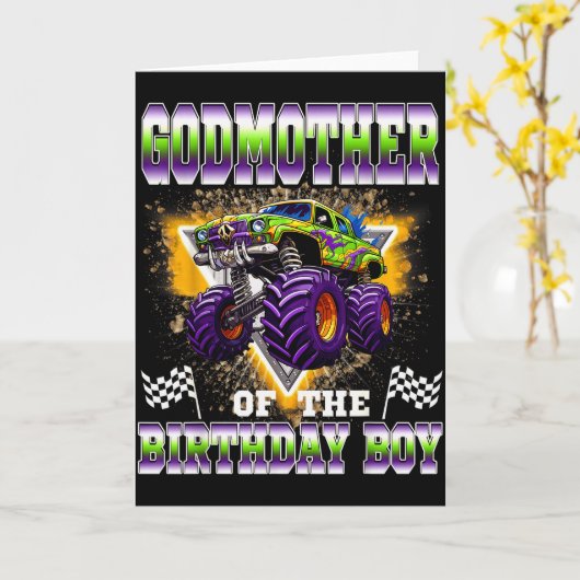 Godmother Of The Birthday Boy Monster Truck Birthd Kaart (Gele Bloem)