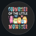Godmother of the Little Monster Kinder eerste verj Ronde Sticker<br><div class="desc">Godmother of the Little Monster Kinder eerste verjaardagsfeestje</div>