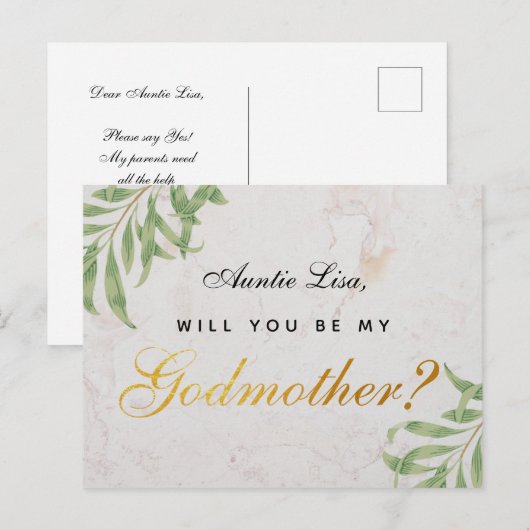 Godmother Proposal Foliage Marble Faux Gold Script Feestdagenkaart (Voorkant / Achterkant)