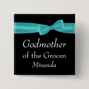 GODMOTHER VAN GROOM Aqua Bow Wedding Custom Name Y Vierkante Button 5,1 Cm