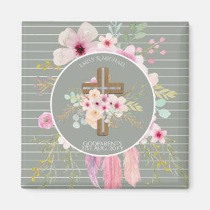Godparent - Personalized Floral Cross Sage Green Magneet