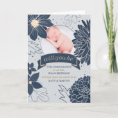 Godparent Request Bold Blue Botanicals met foto Kaart (Voorkant)