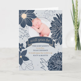 Godparent Request Bold Blue Botanicals met foto Kaart