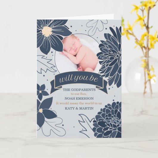 Godparent Request Bold Blue Botanicals met foto Kaart (Gele Bloem)