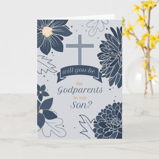 Godparent Request for Son Bold Navy Blue Botanical Kaart (Gele Bloem)