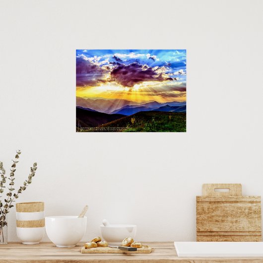 GodRay Sunbeams Mountains Scriptversie Verse Poster (Keuken)
