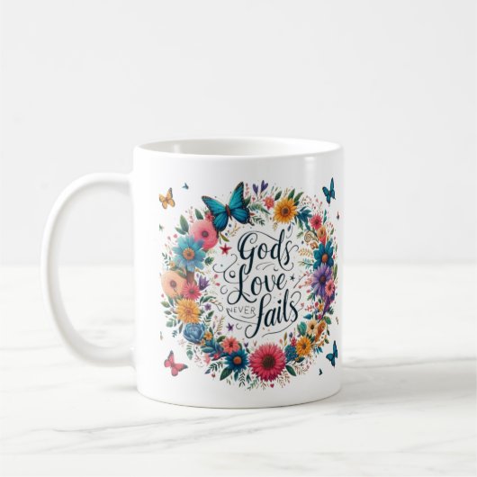 God's liefde mislukt nooit koffiemok (Links)