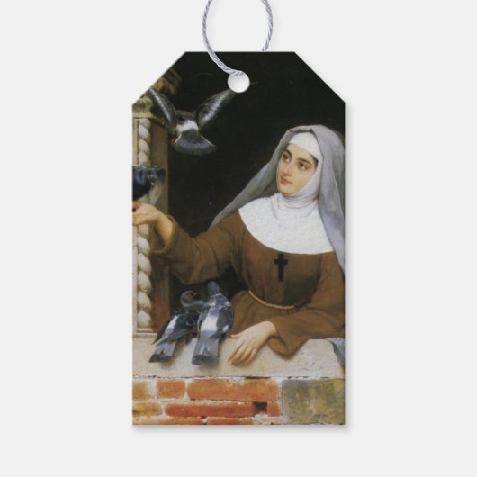 Gods schepselen (Christelijke non voert duiven) Cadeaulabel (Voorkant)