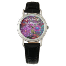 God's Timing is Perfect Abstract Bloemen Roze Blau Horloge