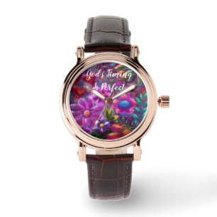 God's Timing is Perfect Floral Abstract Roze Rood Horloge