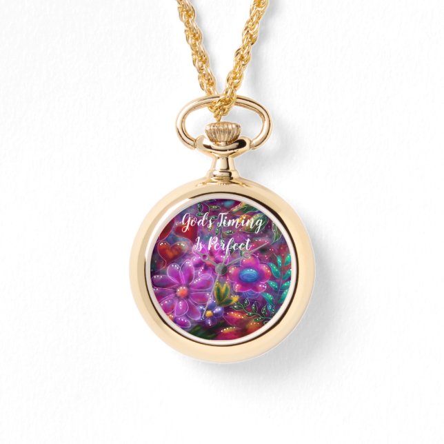 God's Timing is Perfect Floral Abstract Roze Rood Horloge (Voorkant)
