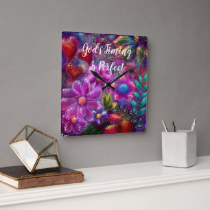 God's Timing is Perfect Floral Abstract Roze Rood Vierkante Klok
