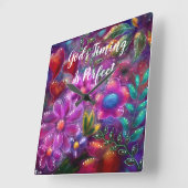 God's Timing is Perfect Floral Abstract Roze Rood Vierkante Klok (Hoek)