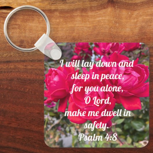 God's Vrede Psalm 4:8 Bijbel Verse Rode Roos Sleutelhanger (Voorkant)