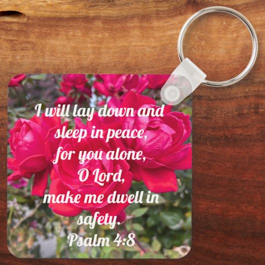 God's Vrede Psalm 4:8 Bijbel Verse Rode Roos Sleutelhanger (Achterkant)
