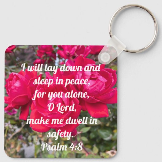 God's Vrede Psalm 4:8 Bijbel Verse Rode Roos Sleutelhanger (Achterkant)
