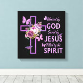 Gods zegen door Jezus Paarse Bloemenkruis Canvas Afdruk (Insitu (Houten vloer))