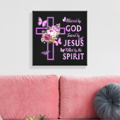 Gods zegen door Jezus Paarse Bloemenkruis Canvas Afdruk (Insitu (Woonkamer))